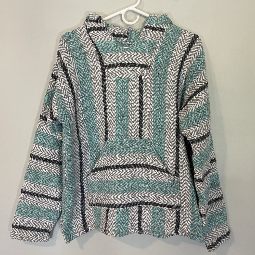 Baja‎ Joe Hoodie Mens S Mexican Drug Rug Long Sleeve Pullover Teal Gray Hippie